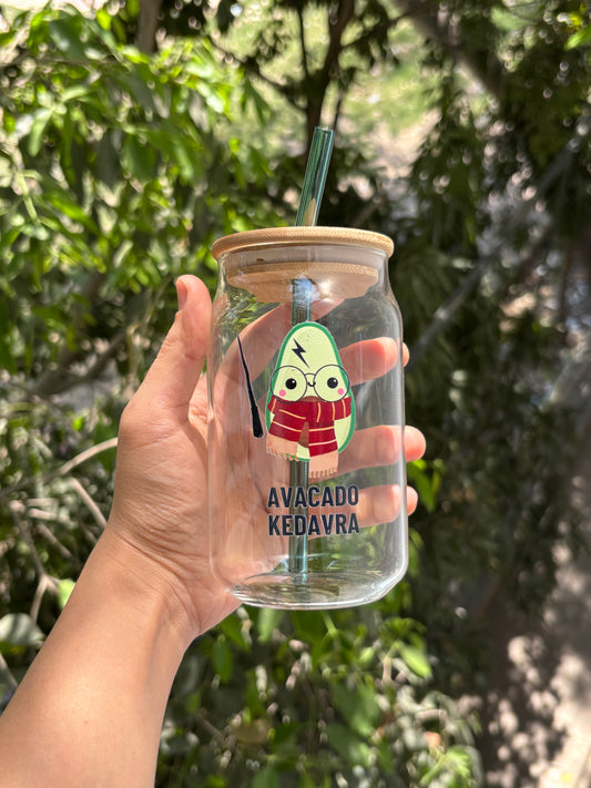 Avacado Kadavra Can Glass tumbler with wooden lid and glass straw | Harry potter themed glass tumbler