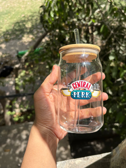Central perk Glass tumbler with wooden lid and glass straw |FRIENDS themed glass tumbler
