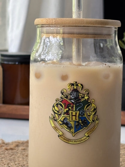 Hogwarts Can Glass tumbler with wooden lid and glass straw | Harry potter themed glass tumbler