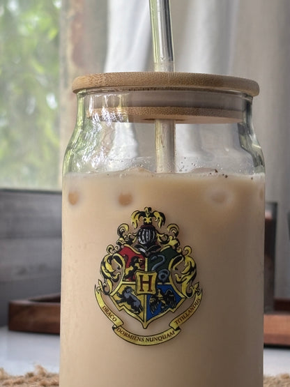 Hogwarts Can Glass tumbler with wooden lid and glass straw | Harry potter themed glass tumbler