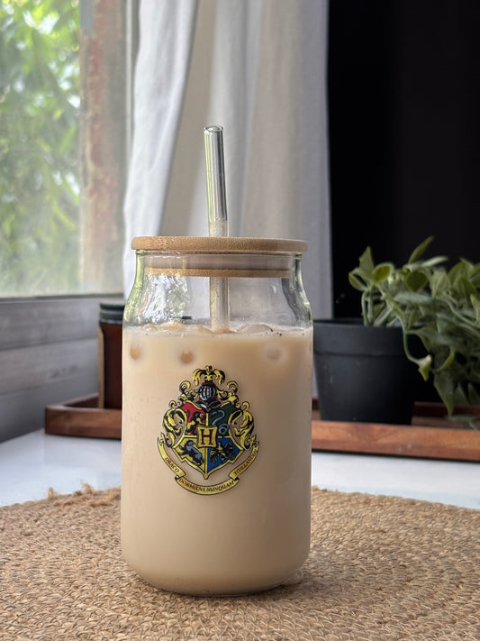 Hogwarts Can Glass tumbler with wooden lid and glass straw | Harry potter themed glass tumbler