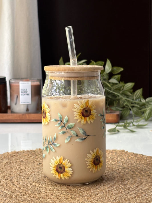 Sunflower Can Glass tumbler with wooden lid and glass straw | floral glass tumbler