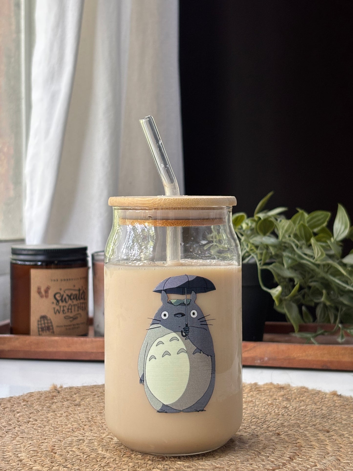 Totoro Can Glass tumbler with wooden lid and glass straw | Ghibli studio glass tumbler