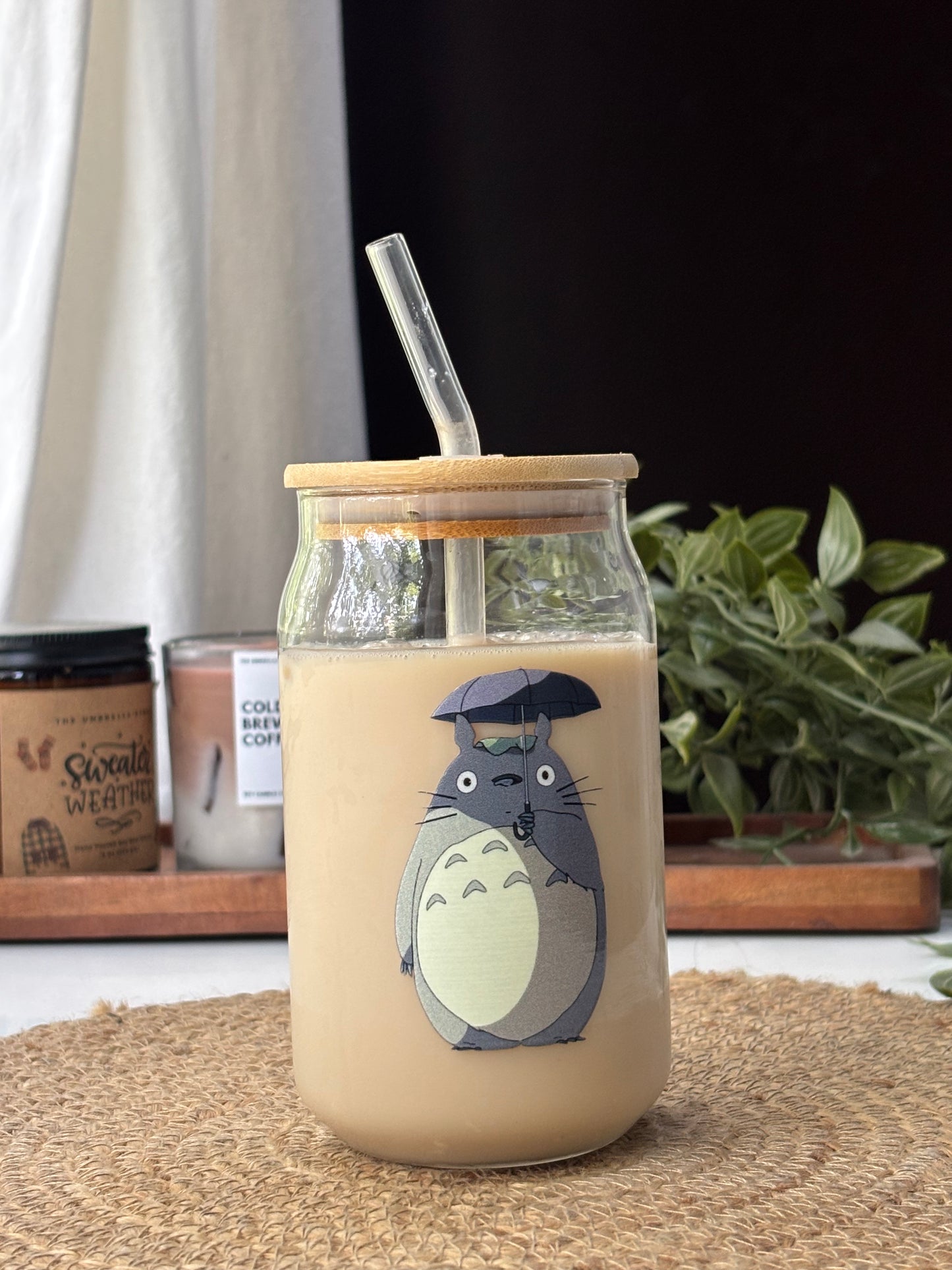 Totoro Can Glass tumbler with wooden lid and glass straw | Ghibli studio glass tumbler