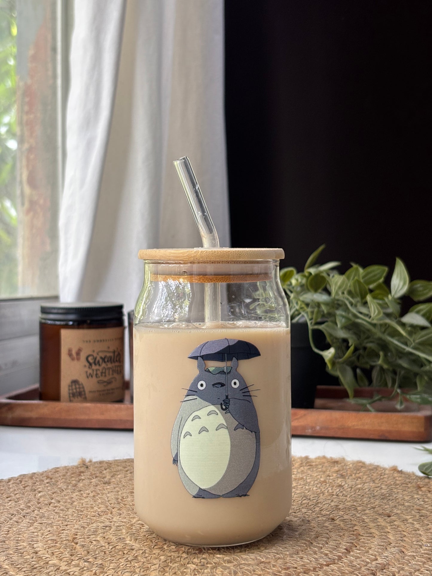 Totoro Can Glass tumbler with wooden lid and glass straw | Ghibli studio glass tumbler
