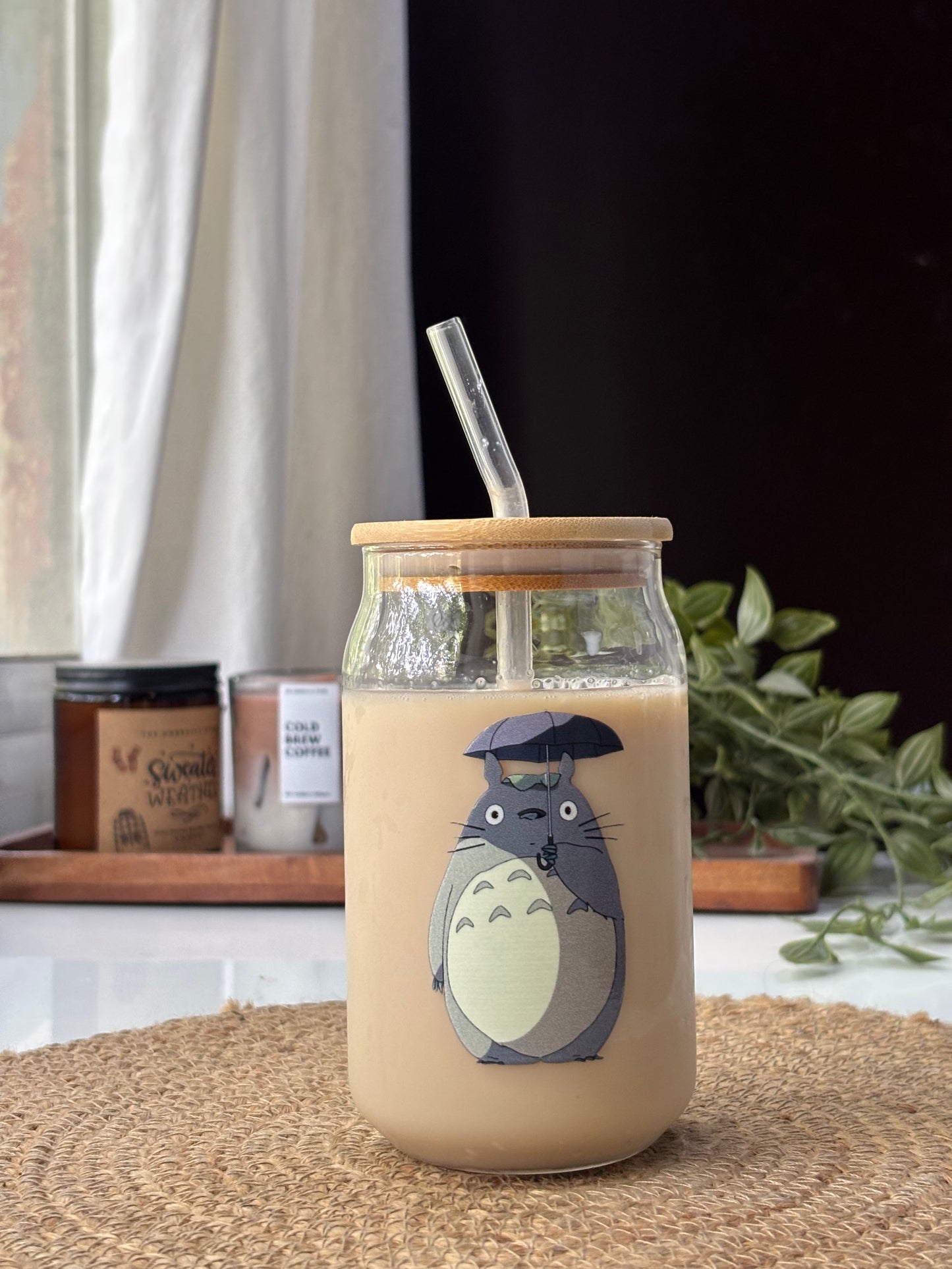 Totoro Can Glass tumbler with wooden lid and glass straw | Ghibli studio glass tumbler