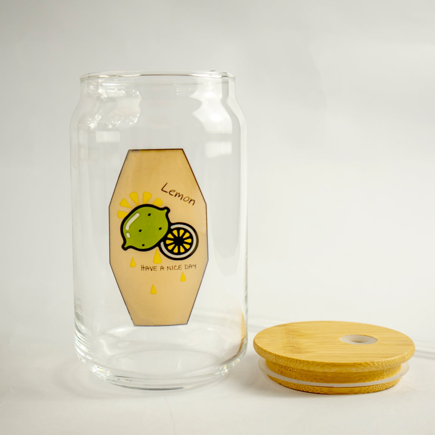Can Glass tumbler with wooden lid and glass straw