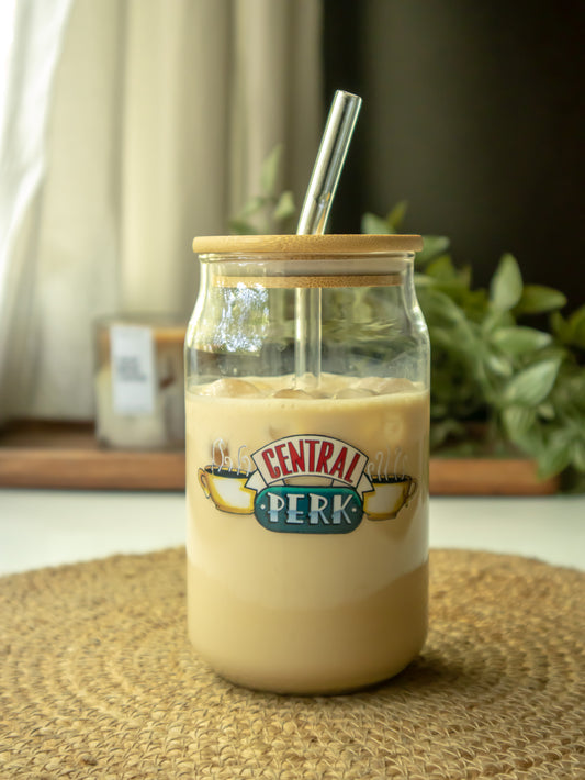Central perk Glass tumbler with wooden lid and glass straw |FRIENDS themed glass tumbler