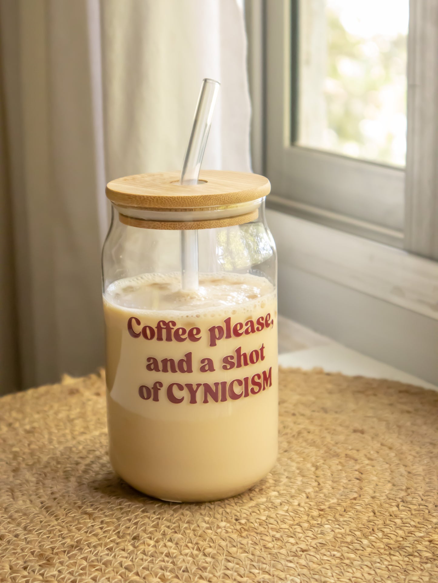 Coffee please, and a shot of Cynicism Glass tumbler with wooden lid and glass straw |Gilmore girls themed glass tumbler