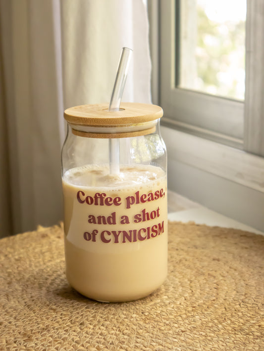 Coffee please, and a shot of Cynicism Glass tumbler with wooden lid and glass straw |Gilmore girls themed glass tumbler