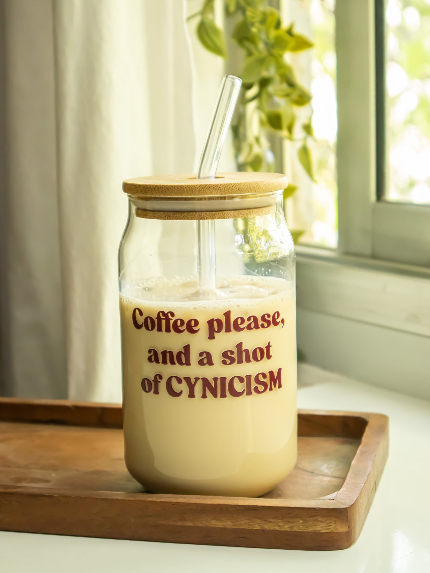 Coffee please, and a shot of Cynicism Glass tumbler with wooden lid and glass straw |Gilmore girls themed glass tumbler