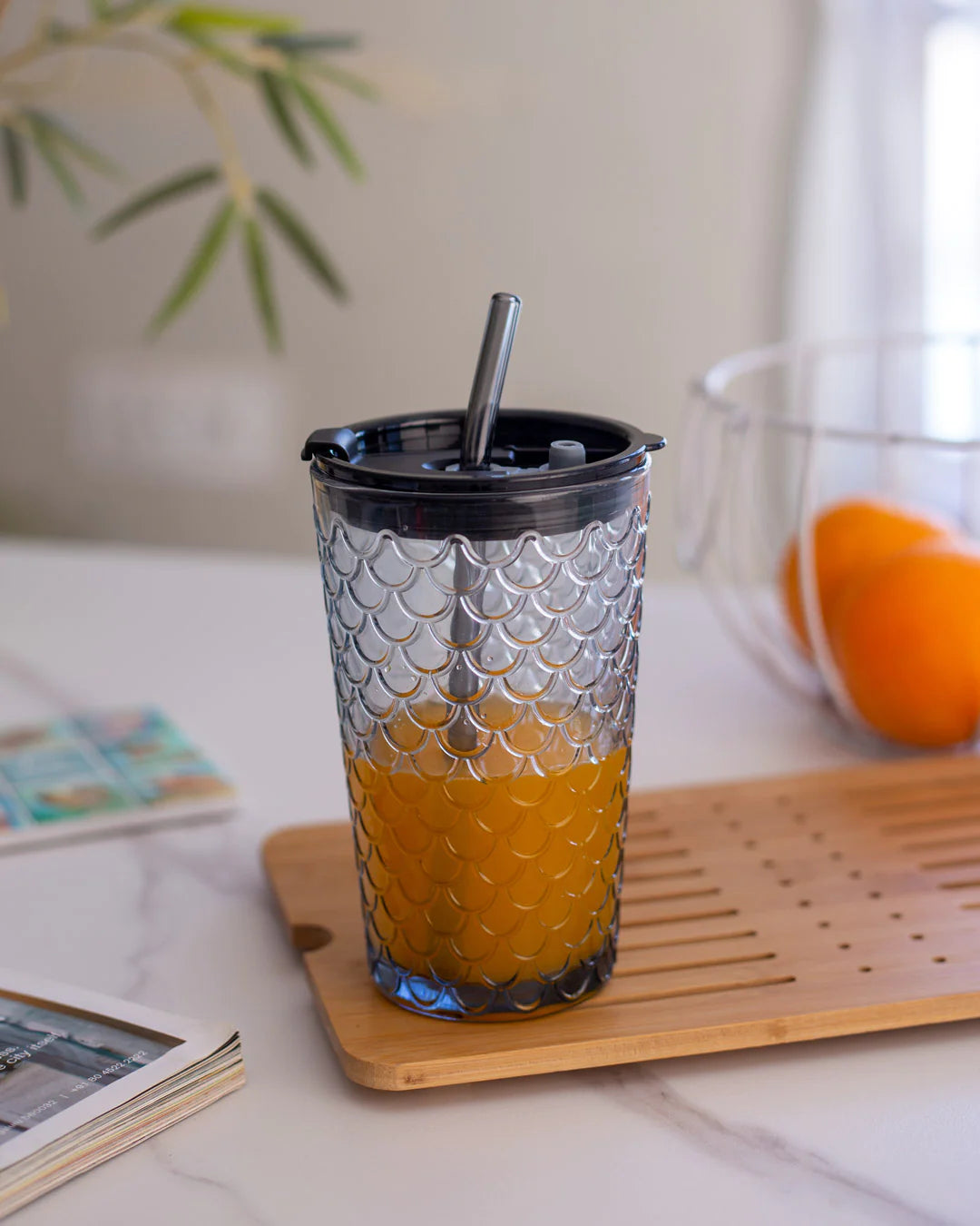 Black Borosilicate Glass Tumbler with Lid Glass Straw