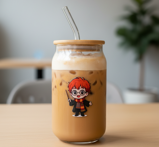 Ron Weasley Can Glass tumbler with wooden lid and glass straw | Harry potter themed glass tumbler