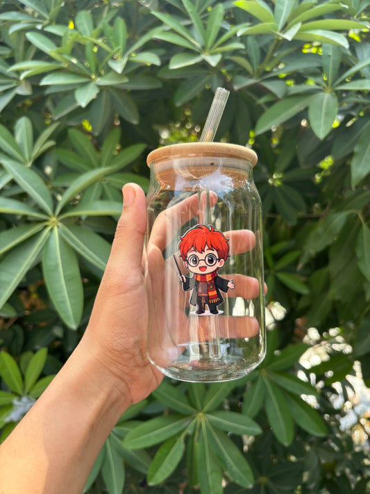 Ron Weasley Can Glass tumbler with wooden lid and glass straw | Harry potter themed glass tumbler