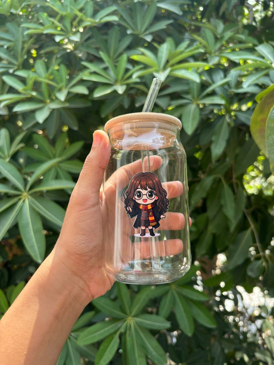 Hermoine Granger Can Glass tumbler with wooden lid and glass straw | Harry potter themed glass tumbler