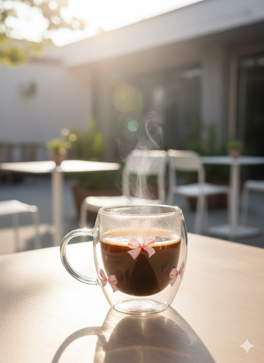 Steaming coffee in a clear mug on a table with a blurred outdoor background