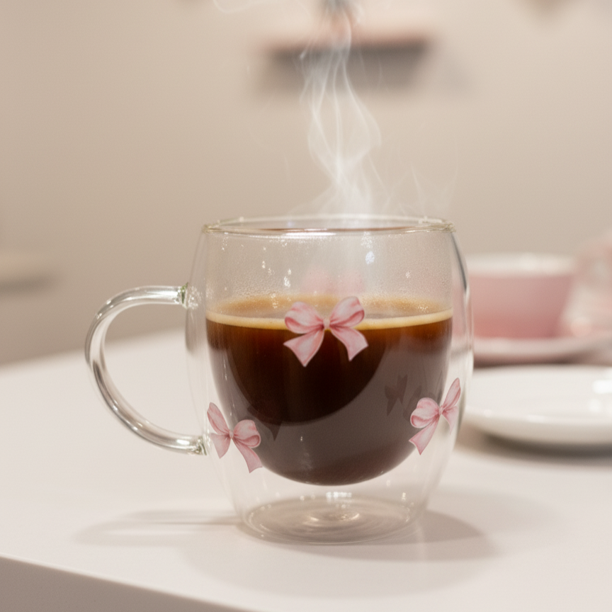 Steaming hot beverage in a clear glass mug with decorative bows on a white surface.
