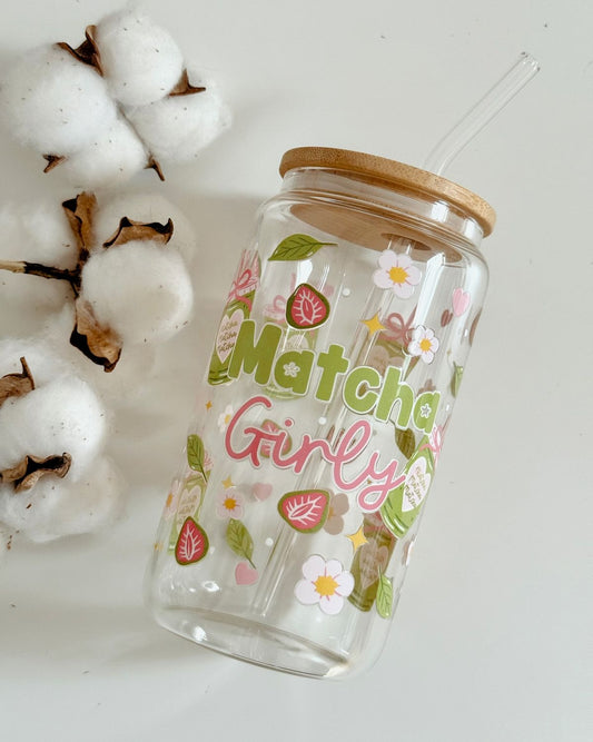 Matcha girly Glass tumbler with wooden lid and glass straw| Matcha doodle print tumbler