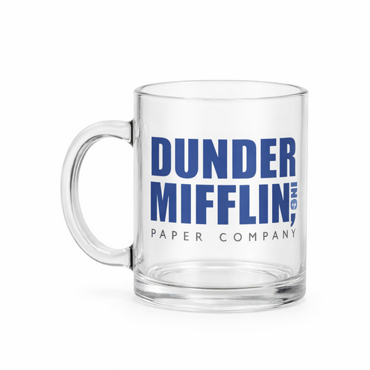 Clear glass mug with 'Dunder Mifflin Paper Company' text on a white background