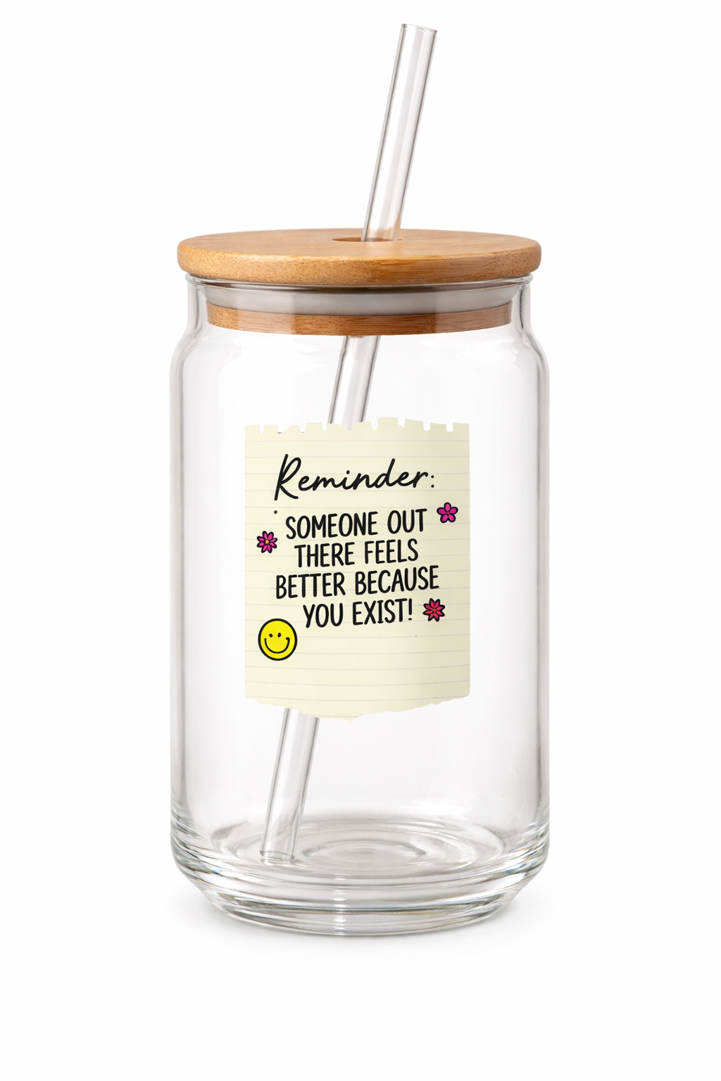 Glass jar with wooden lid and straw, featuring a motivational sticker on a white background