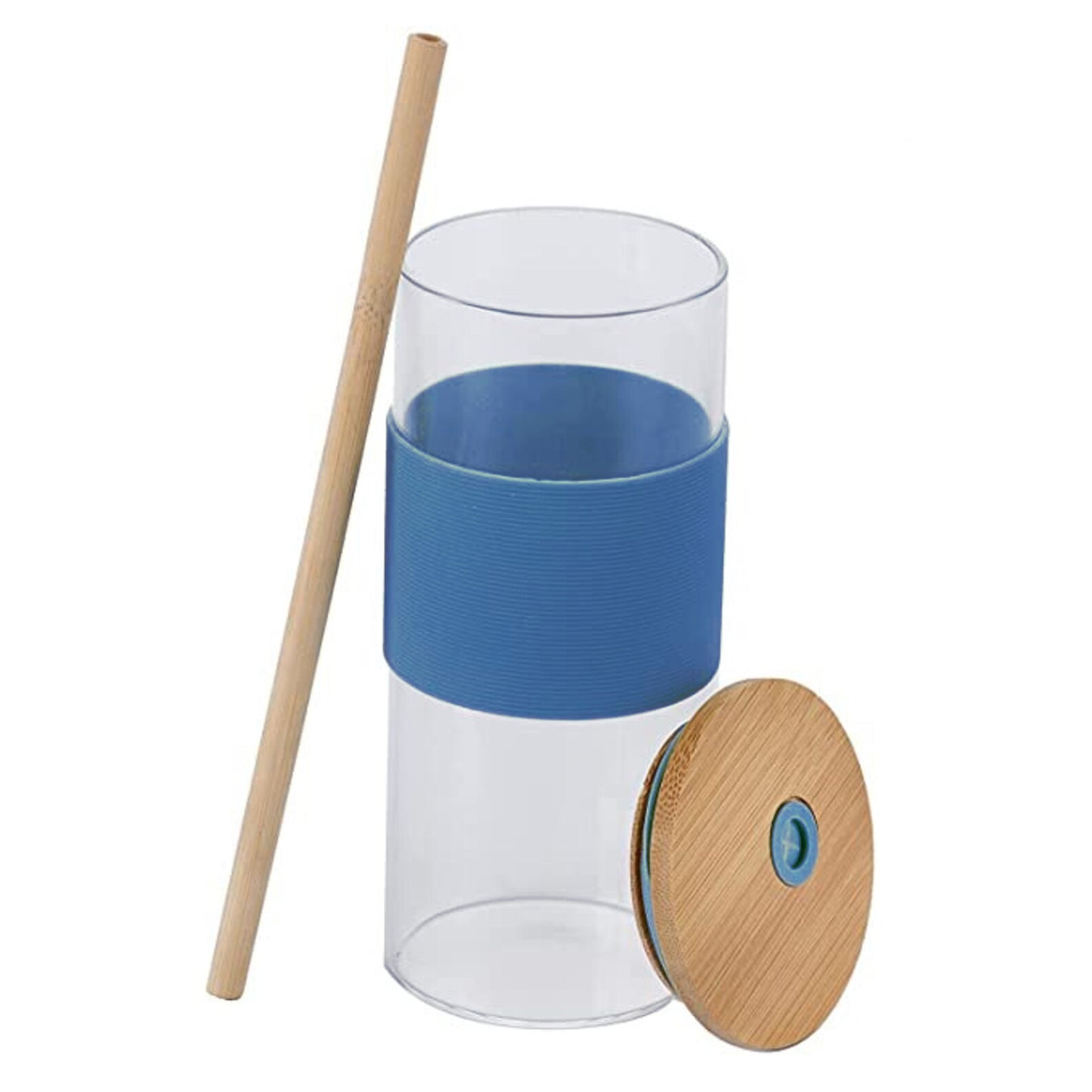 Glass tumbler with bamboo straw and silicone sleeve