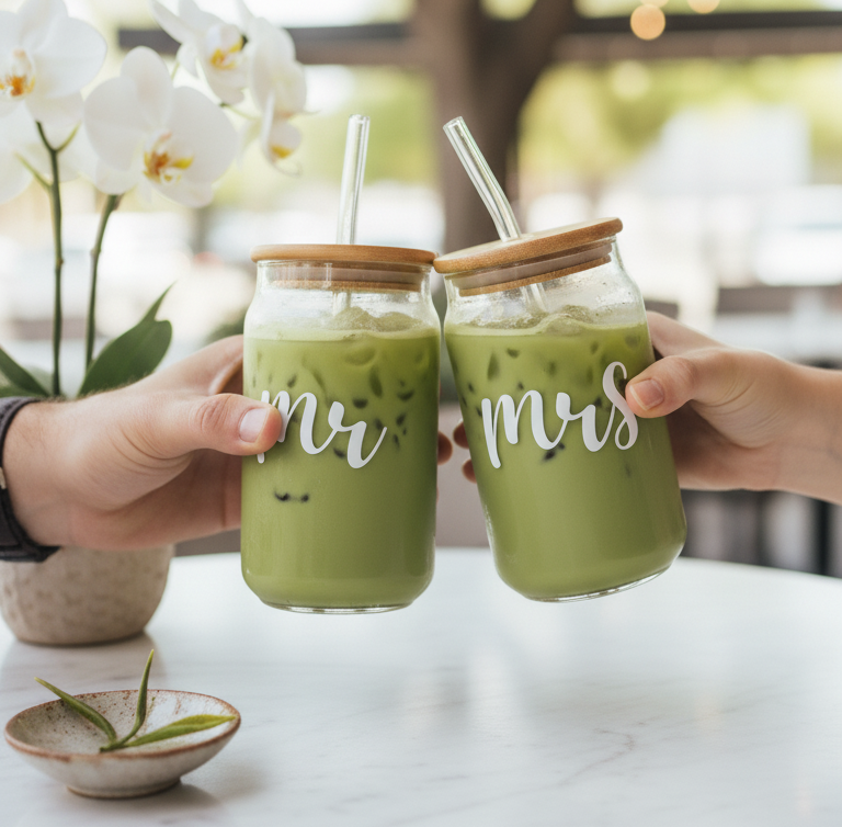Mr & Mrs Glass Tumbler with straw 