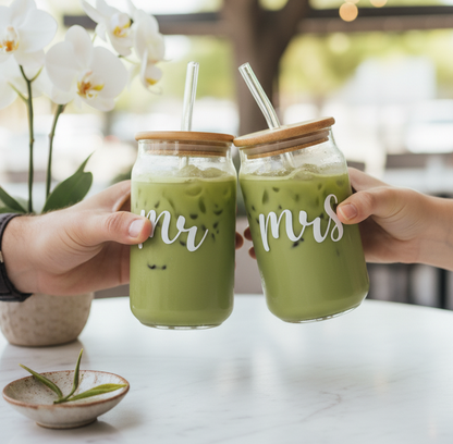 Mr & Mrs Glass Tumbler with straw 