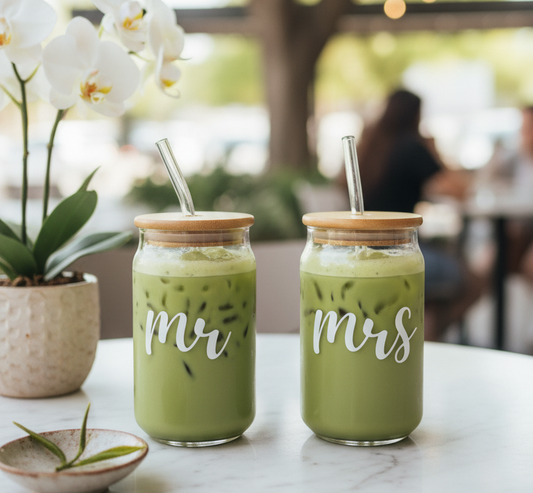 Mr & Mrs Glass Tumbler with straw 
