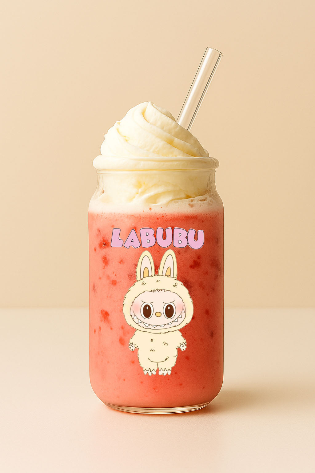 Labubu Can Glass tumbler with wooden lid and glass straw | Labubu glass tumbler 