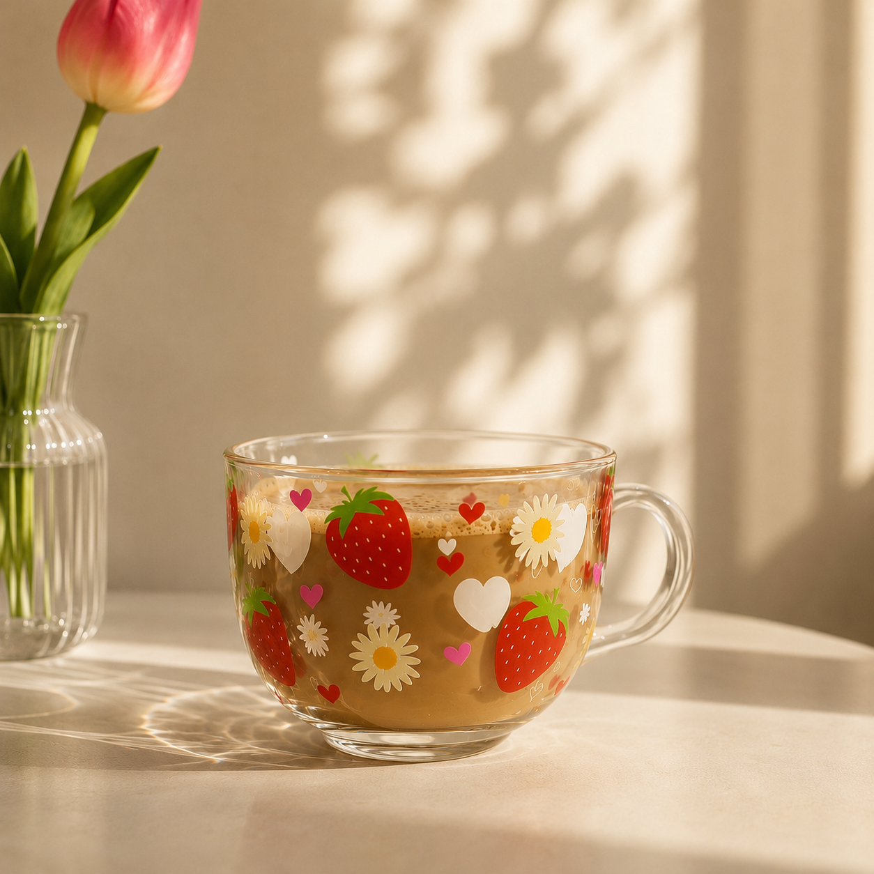 Clear glass mug with strawberry and flower pattern on a light surface with a vase of tulips in the background.