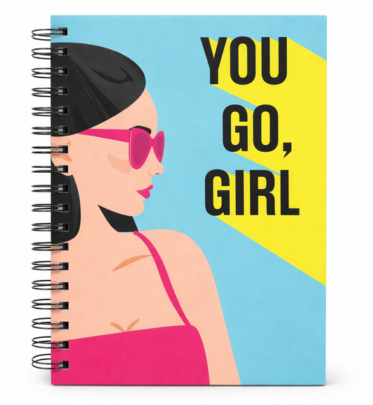 Notebook with a design of a woman wearing sunglasses and a swim cap, with 'You Go Girl' text on a blue and yellow background.