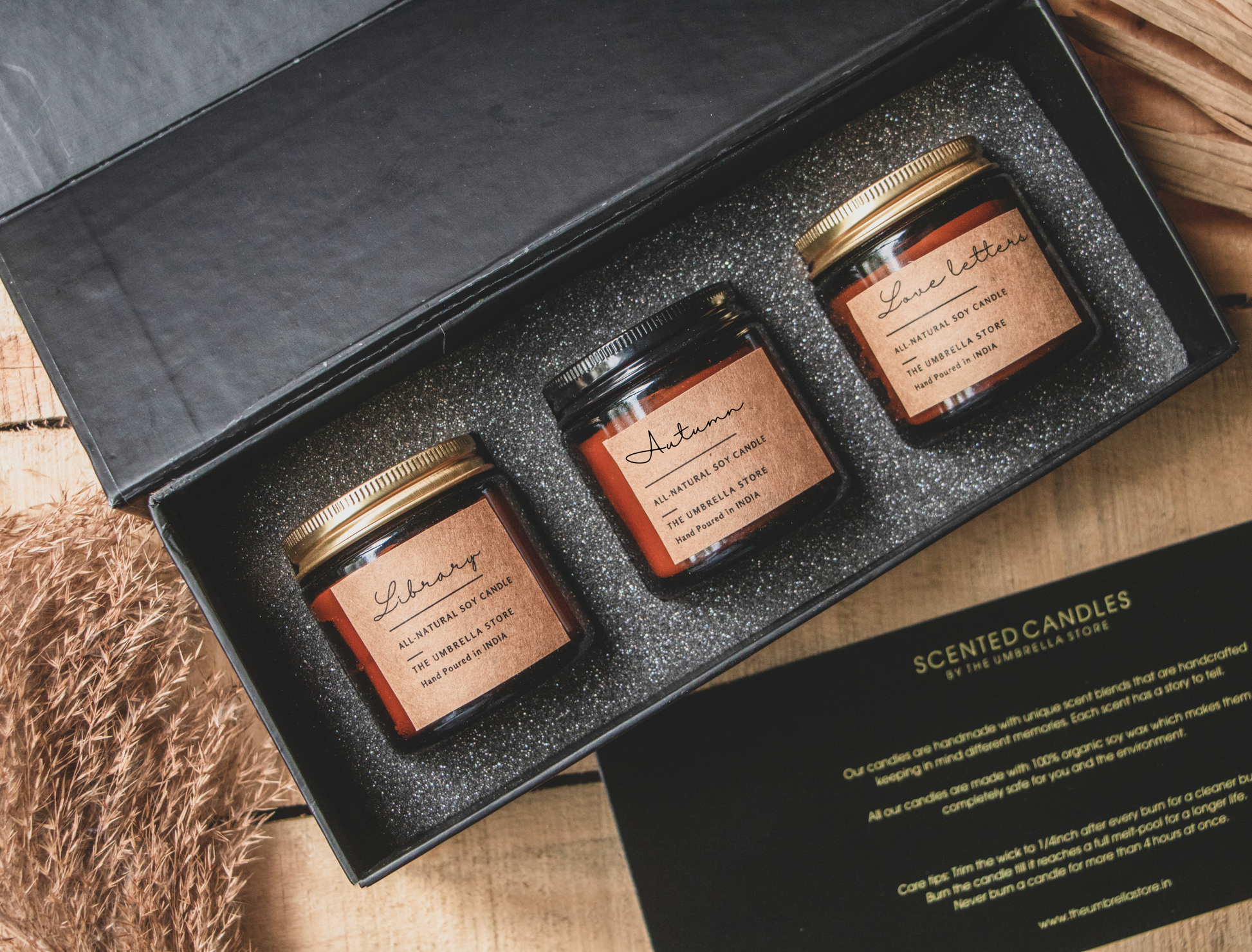 Scented candle Gift Hamper: Set of 3 candles| Luxe Hamper Box- Autumn + Love letters+ Library - The Umbrella store