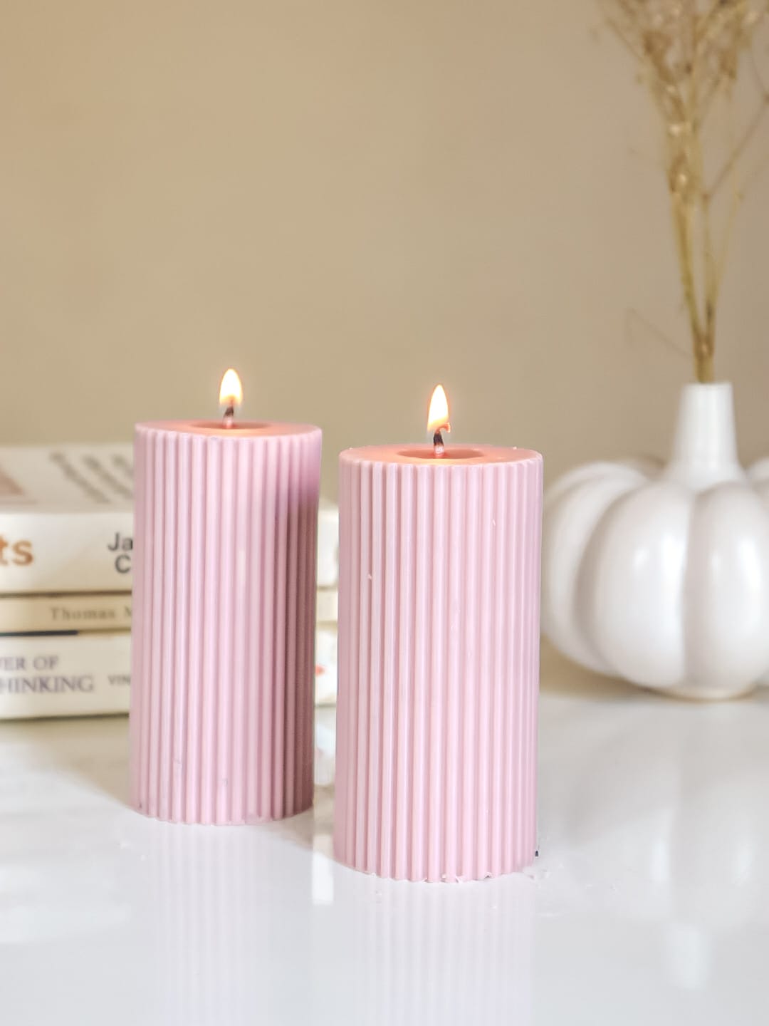Lilac Ribbed Pillar 4" Soy Candle-Set of 2 - The Umbrella store