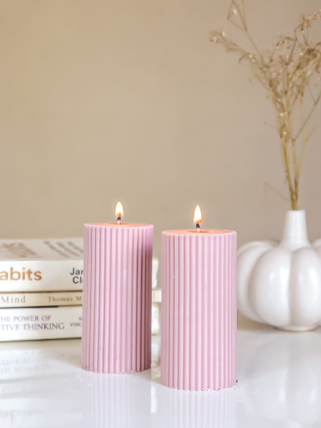 Lilac Ribbed Pillar 4" Soy Candle-Set of 2 - The Umbrella store
