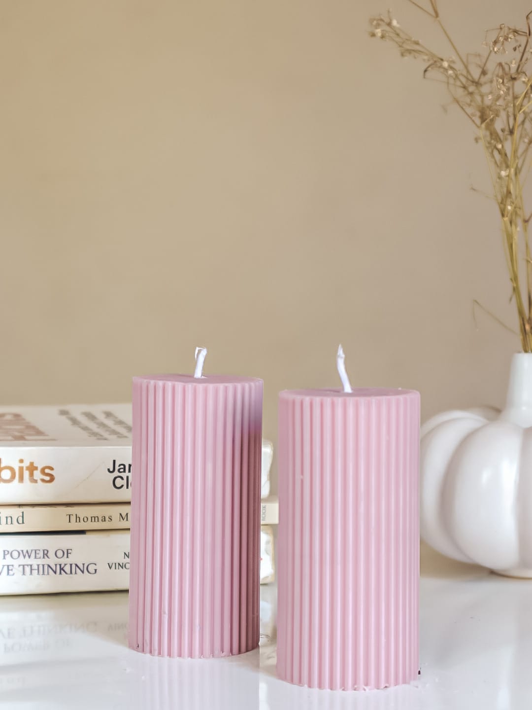 Lilac Ribbed Pillar 4" Soy Candle-Set of 2 - The Umbrella store