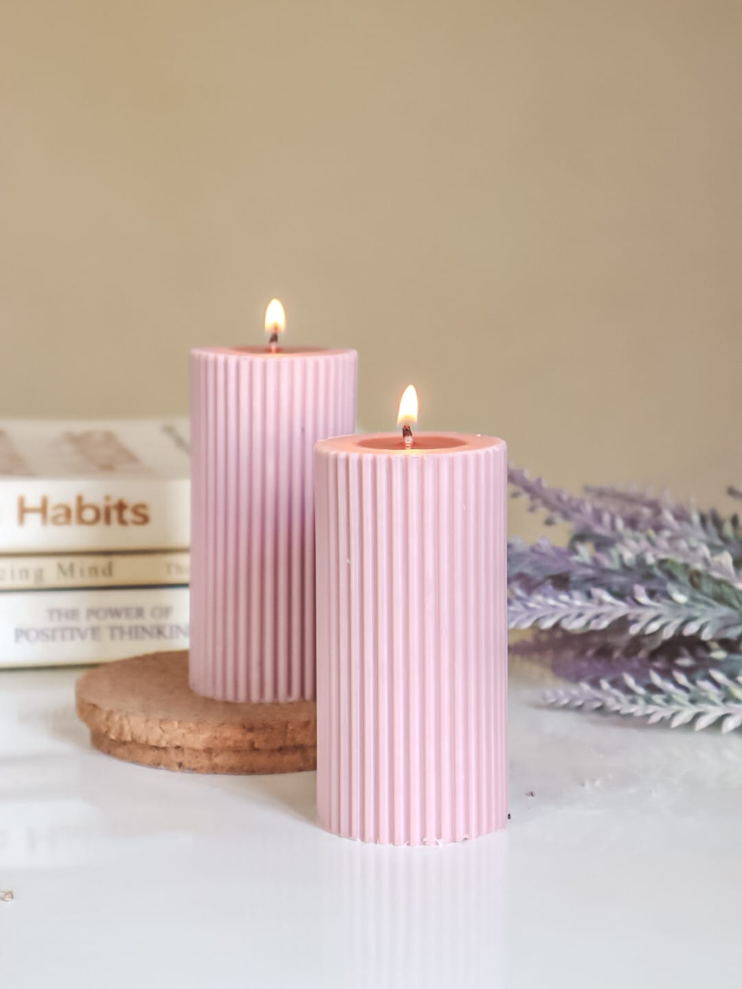 Lilac Ribbed Pillar 4" Soy Candle-Set of 2 - The Umbrella store