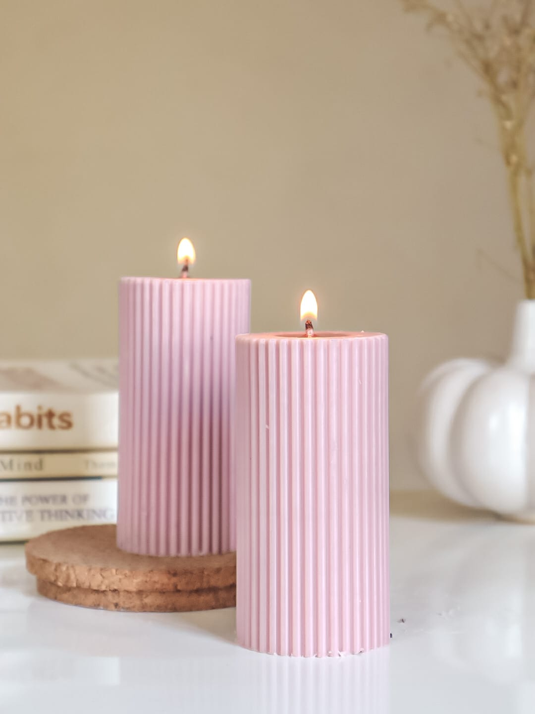 Lilac Ribbed Pillar 4" Soy Candle-Set of 2 - The Umbrella store
