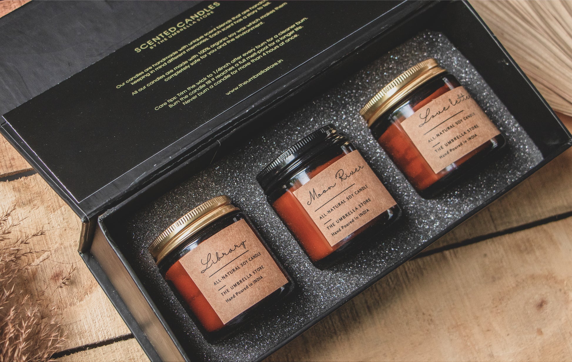 Scented candle Gift Hamper: Set of 3 candles| Luxe Hamper Box- Moon-river + Love letters+ Library - The Umbrella store